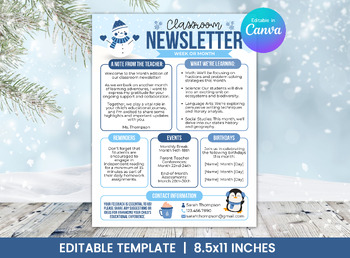 Preview of Editable Classroom Newsletter Template for January - Winter - TCHRNWSL