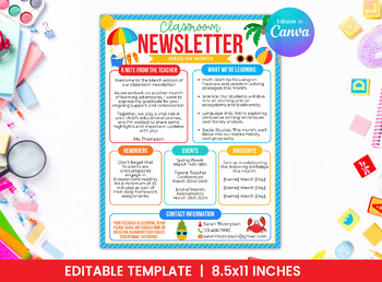 Preview of Editable Classroom Newsletter Template for June -  Beach Flyer Design - TCHRNWSL