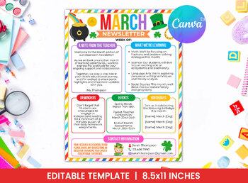 Preview of Editable Classroom Newsletter Template for March -  Calendar - Flyer - TCHRNWSL