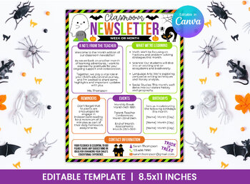 Preview of Editable Classroom Newsletter Template for October - Halloween - TCHRNWSL