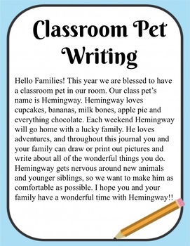 Preview of Editable Classroom Pet Writing Google Slides