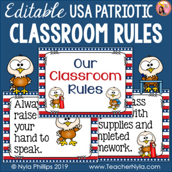 Preview of USA Patriotic Classroom Rules - Editable Posters