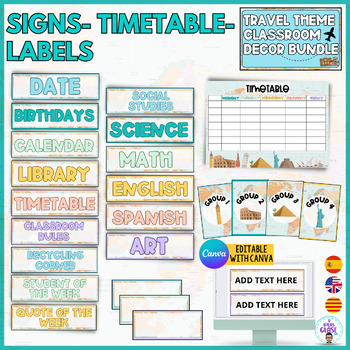Preview of Editable Classroom signs, name tag, timetable and group signs-Travel decor theme
