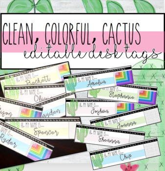 Preview of Clean, Colorful, Cactus Desk Name Tags (Editable)