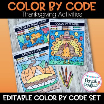 Preview of Editable Color By Code Thanksgiving November