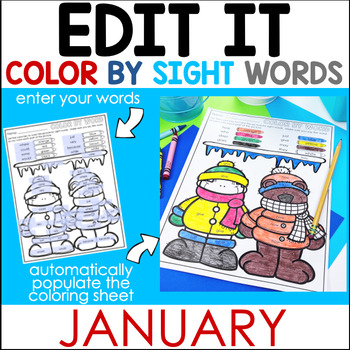 Preview of Editable Color By Code for Sight Words - January and Winter Themed