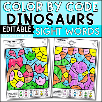 Preview of Editable Dinosaur Color by Code Sight Word Practice Morning Work Worksheets