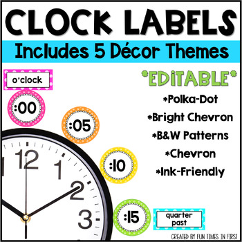 Preview of Editable, Colorful Clock Labels - 5 Design Themes - Telling Time Clock Labels