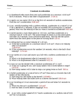 Preview of Constant Acceleration Worksheet with answer key (Editable and fillable resource)