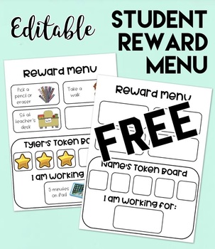 Preview of Editable/Customizable Student Token Board, Reward Menu
