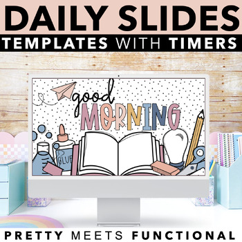 Preview of Daily Agenda and Lesson Slide Templates with Timers - Modern Boho Theme