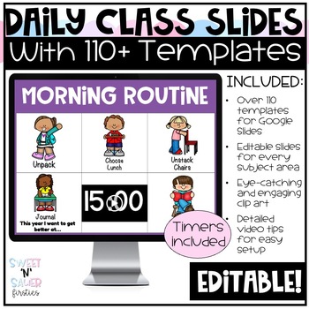 Preview of Editable Daily Classroom Slide Templates with Timers and Moveable Pieces