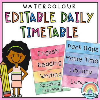 Preview of Editable Daily Timetable | Class Schedule | Watercolor Rainbow