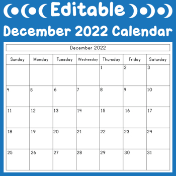 Preview of Editable December 2022 Calendar Template