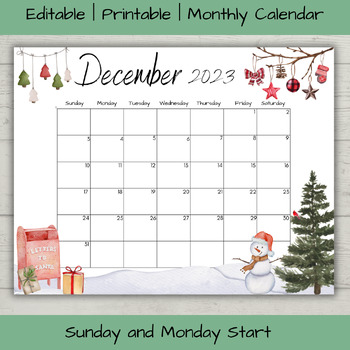 Editable December 2023 Calendar by Virtual Learning Loft | TPT