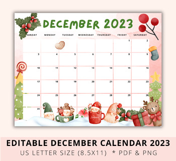 Preview of Editable December Calendar 2023, Christmas Calendar Printable, Digital Planner