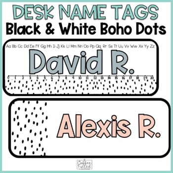 Preview of Editable Desk Name Tags | Black and White Boho Dots Desk Name Plates