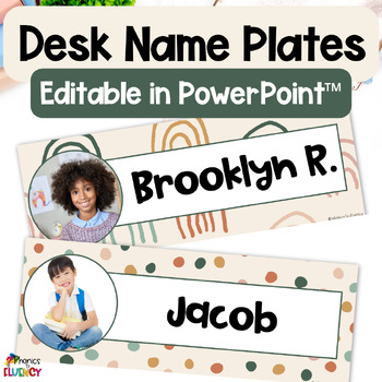 Preview of Editable Desk Plates with Photos - Desk Name Tags Kindergarten - Boho Name Tags