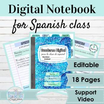 Preview of Editable Digital Interactive Notebook Template for Spanish Class | Blue Theme
