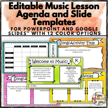Preview of Editable Digital Music Agenda and Lesson Slide Templates in Multiple Colors