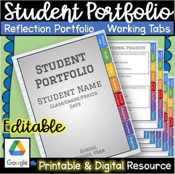 Preview of Editable Digital Student Portfolio Printable tabs End of Year Reflection Google