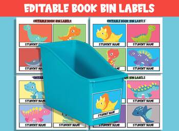 Preview of Editable Dinosaur Book Bin Labels: 16 Customizable Designs for Classroom Decor