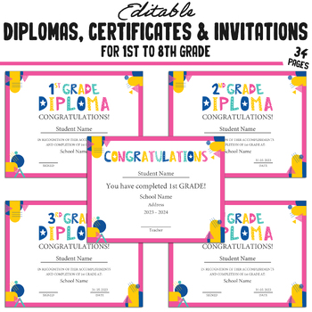 Preview of Editable Diploma for 1st, Second - 8th Grade Certificates & Invitation Templates
