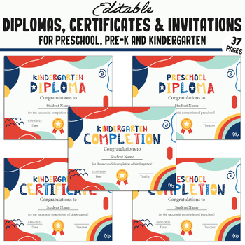 Preview of Editable Diplomas, Certificates & Invitations for Pre-K, Preschool, Kindergarten