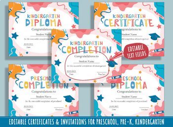 Preview of Editable Diplomas, Certificates, and Invitations for Children: 37 Pages