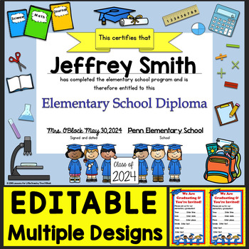 Preview of Diplomas & Graduation Invitations Editable for Grades 1-6, Elementary School