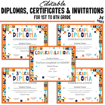 Preview of Editable Diplomas for 3rd Grade, Certificates for 1st-8th Grade, and Invitations
