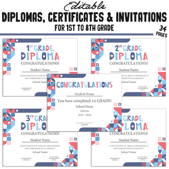 Preview of Editable Diplomas for 4th Grade, Certificates for 1st-8th Grade, and Invitations
