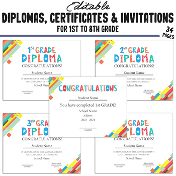 Preview of Editable Diplomas for 5th Grade, Certificates for 1st-8th Grade & Invitations