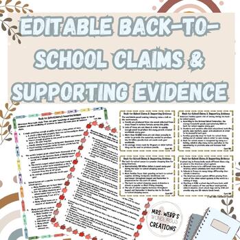 Preview of Editable ELA Back-to-School Claims & Supporting Evidence Task Cards & Worksheet