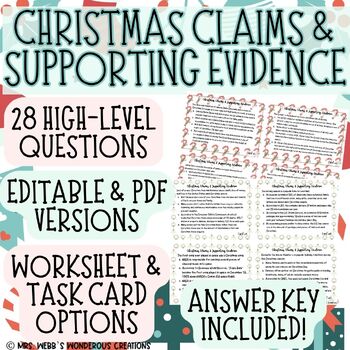 Preview of Editable ELA Christmas/Holiday Claims+Supporting Evidence Activity & Task Cards