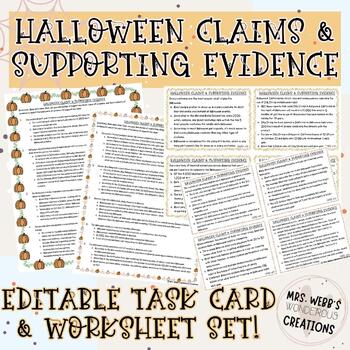 Preview of Editable ELA Halloween/Fall Claims & Supporting Evidence Activity & Task Cards