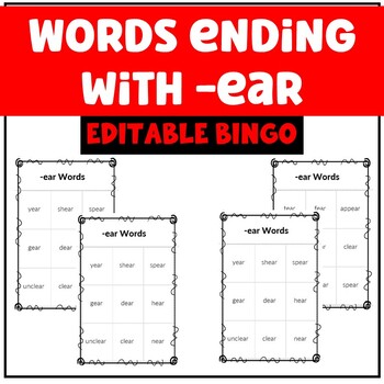 Preview of Editable ELA Language Activity Words ending with -ear Bingo Game