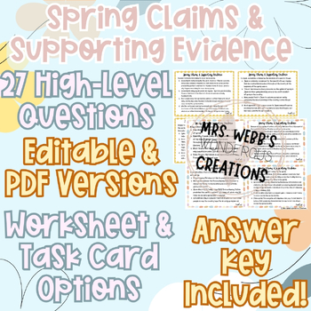 Preview of Editable ELA Spring Claims & Supporting Evidence Activity & Task Cards