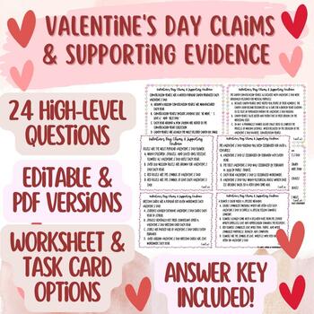 Preview of Editable ELA Valentine’s Day Claims & Supporting Evidence Activity & Task Cards
