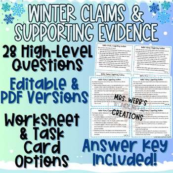 Preview of Editable ELA Winter Claims & Supporting Evidence Activity & Task Cards