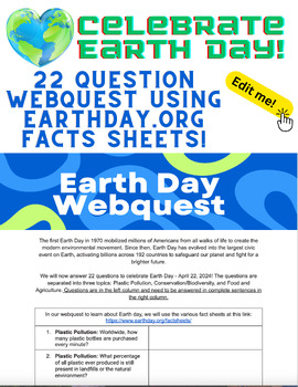 Preview of Editable Earth Day Explorer WebQuest : Pollution/Conservation/Biodiversity+More!
