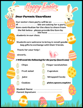 Preview of Editable Easter Party Letter to Parents