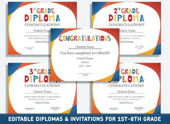 Preview of Editable End of 3rd Grade Certificate, 1st to 8th Grade Diplomas, & Invitations