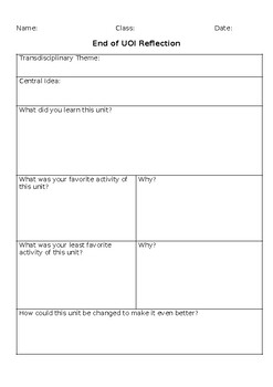 Editable End of UOI Reflection Sheet by Sarah Gibson | TPT