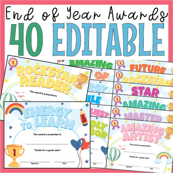 Preview of Editable End-of-Year Awards certificates, Kindergarten, 1st, 2nd Grade