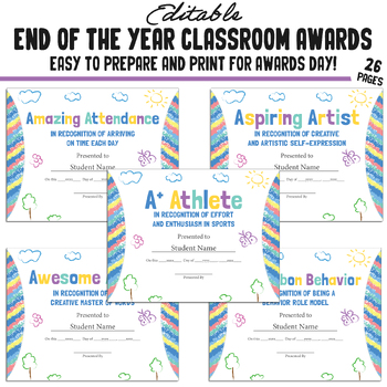 Preview of Editable End of Year Awards for Students, 26 Pages, PDF, Instant Download