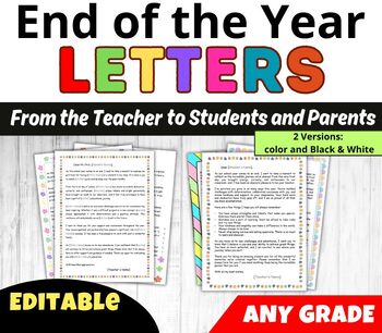 Preview of Editable End of Year Letters to Students and Parents from the Teacher | Last Day