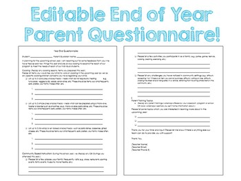 Preview of Editable End of Year Parent Questionnaire {FREEBIE}