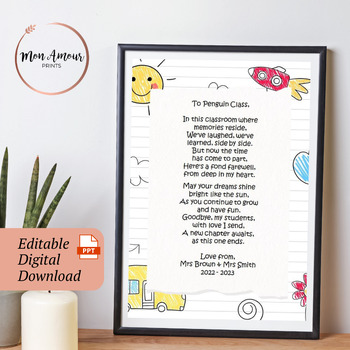Preview of Editable End of Year Poem from Teacher | Goodbye Print for Students | PPT