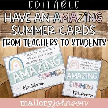 Preview of Editable End of the Year Cards from teachers to students - Boho Rainbow